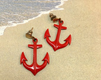 Vintage Red Anchor Post Earrings, Enameled Nautical Anchor, 1 and 3/8 Inches Long 7/8 Inches Wide Previously 14 Dollars ON SALE