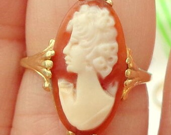 Size 6.25, Solid 10k Gold Ring, Vintage Cameo Ring, Hand Carved Cameo, Yellow Gold Filigree, Carved Conch Shell Cameo, OOAK