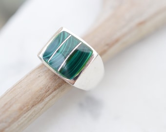 Sterling Silver Malachite Inlay Ring, Sterling Silver Malachite Jewelry, Taxco Malachite Ring, Green Gemstone Ring, Sterling Inlay Ring