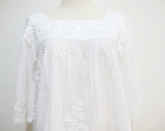 Mexican Embroidered Blouse Cotton Top In White, Boho Blouse, Hippie Top, Peasant Blouse