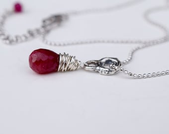 Ruby Pendant Necklace, Christmas Necklace, July Birthstone, Red Gemstone, Genuine Ruby. Minimalist Rustic Wire Wrap, Ruby Jewelry,