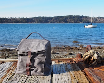 Large Gray Waxed Canvas, Cordura, and Leather Reusable Insulated Lunch Bag
