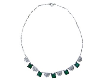 1920s Rhodium Plated Filigree Necklace with Emerald Glass