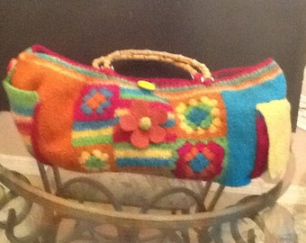 Hand crocheted, felted yarn tote. "Piñata" bag.