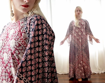 Vintage Indian Pakistan block print Scarf angel sleeve dress red cream black maxi festival caftan 1970s 1960s 70s 60s