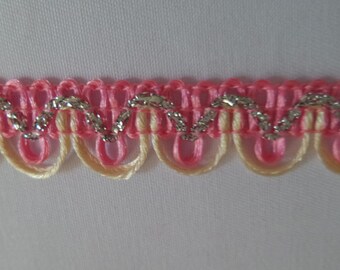 5 yards of Pink and Cream Trim with Silver Braid, Pink & Silver Glitter Trimming