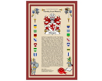 Family crest coat of arms with last name history. Surname is historically accurate and based on standards of heraldry. One of a kind print.