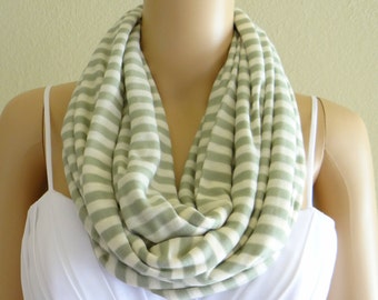 Stripe Circle Scarf. Stripe Infinity Scarf. Soft Cotton Spandex Loop Scarf. Sage Green And Off White Stripe Scarf.