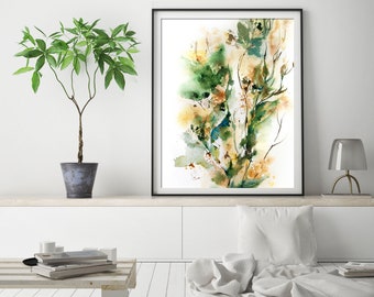 Abstract green fine art print, leaves intuitive watercolor painting art, abstract botanical wall art print