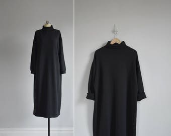 oversized turtleneck dress / vintage black cotton jersey shirt dress / womens L