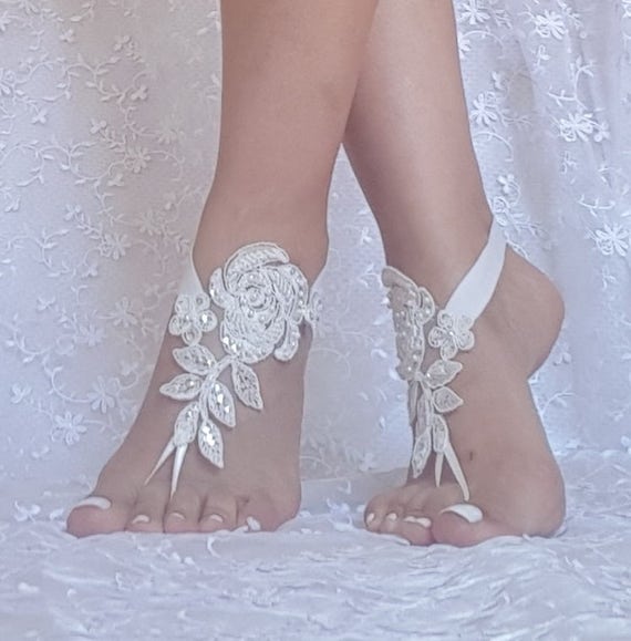ivory beach wedding barefoot sandals embroidered with pearls lace sandals, bridal lace anklet sandals, lace barefoot sandals, beach bridal