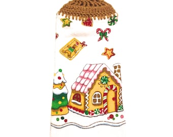 Gingerbread House Hand Towel With Warm Brown Crocheted Top