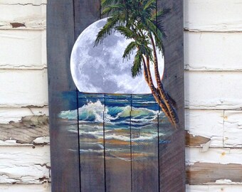 Wood Pallet Sign - Ocean night with Palm Tree and Moon optional last name