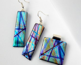Set of Matching Earrings and Necklace Dichroic Jewelry Set Purple Drop Earrings Matching Slide Necklace Pendant