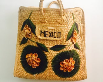 Vintage Wicker Tote Straw Bag Made in Mexico Shopper