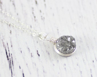 Silver Druzy Necklace, Bridesmaid Jewelry, Gift for Her, Sterling Silver Necklace, Druzy Geode Necklace, Gemstone Pendant Necklace