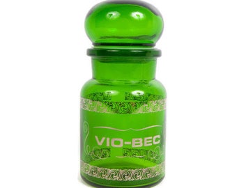 Vintage Green Glass Jar Apothecary VIO-BEC Bubble Lid Made in Belgium Medicine Container