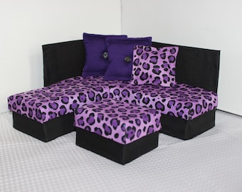 Playscale / 1:6 Scale Fashion Doll Furniture for Barbie / Monster High - Purple Cheetah Sectional Sofa
