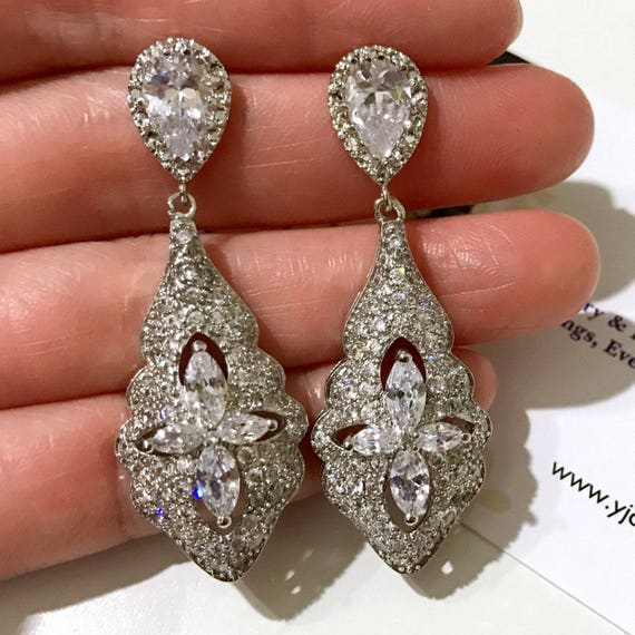 Cz Bridal Earrings Statement Wedding Earrings Cubic Zirconia