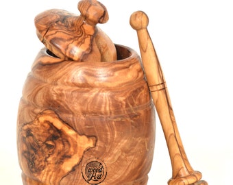 Geourgeous Honey Set, Olive wood honey pot, Honey serving set, Beautiful christmas gift, housewarming present