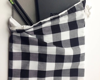 drawstring bag, black gingham fabric, Easter gift idea, preppy teen gift, journal pouch, travel bag, shoe pouch, overnight bag, storage bag