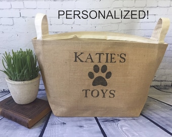 large personalized lined burlap dog toy basket , burlap storage tote