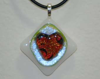 Dichroic Etched Fused Glass Charm Pendant, Heart, PC13