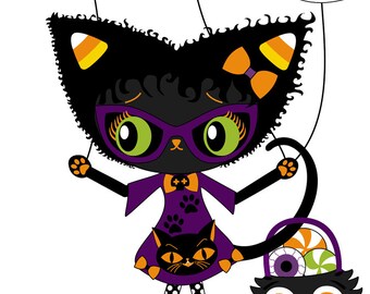 Black kitty Halloween ghosts bat 4x6