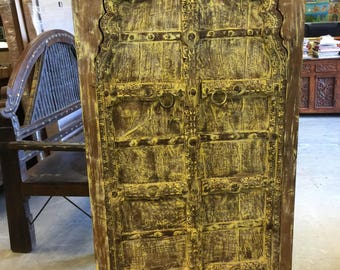 Antique Cabinet Mehrab ARCH Doors India Furniture Yellow Rustic Almirah, Hand Carved Wood, Farmhouse Urban Chic