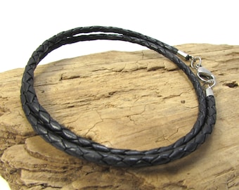 Black Braided Leather Cord Necklace, 3mm Leather Cord Necklace, Custom Length Braided Cord Necklace, Bolo Cord, Item 972n