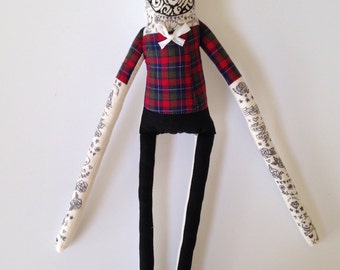 My Little Hipster- Boyfriend- Handmade Art Doll- Painted Plush- Mustache- made to order softie - children's toy and soft sculpture