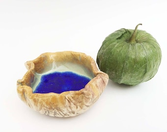 My Blue Lagoon Trinket Dish, Tiny Crinkly Bowl, Hobbitware Bowl, Wrinkled Pottery, Rustic. Primitive. Altar Bowl, Ring Dish
