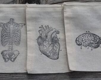 Set of 12 Hand stamped Halloween Human Anatomy Muslin Party Favor Bags 100% organic made in america