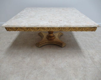 Vintage Custom Gold French Regency Marble Top Pedestal Base Coffee Table