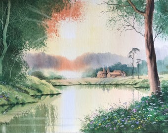 Kent evening, kent, river paintings, rivers, oasthouses, sunsets, foreground foliage, watercolor landscape, original watercolour, trees.