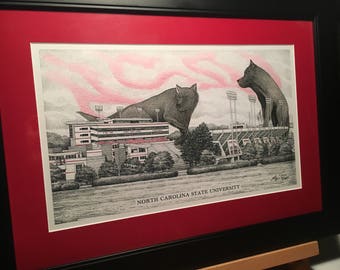North Carolina State Carter-Finley Stadium 11"x17" pen and ink print with hand-colored wolves