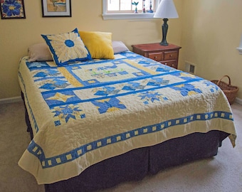 Yellow and Blue Queen Bed Quilt