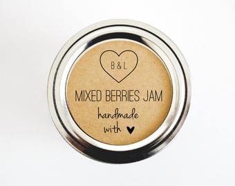 Mixed Berries Jam Wedding Favor Labels, with Heart & Initials, Handmade with Love, Rustic Kraft Brown Stickers for Jam Jelly Canning Jar Lid