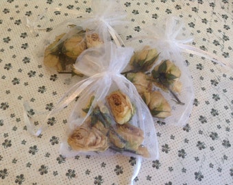 3 Organza Gift Bags Filled with Dried Rose Buds - Natural Latte colour - Perfumed with Rose and Violet Essential Oil