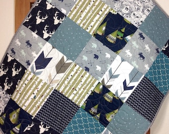 Rustic Baby Quilt, Woodland Baby Quilt, Teepees, Moose, Deer, Arrows, Bears,Rustic Nursery, Gender Neutral, Woodland Crib Bedding, Quilt 7