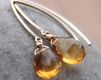 Gold Honey Citrine Earrings - Honey Drops - 14KT Gold Filled