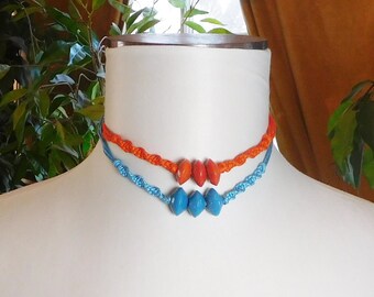 Macrame Choker Necklace Wood Beads Orange or Blue Choker Hippie Boho Jewelry 70s 80s Vintage Woodstock Era