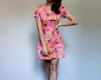 90s Mini Dress Colorful Short Sleeve Summer Dress Vintage 1990s Sundress - Small S