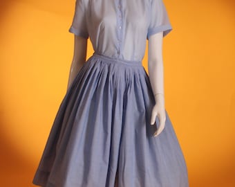 Vintage 1950's Blue Chambray Cotton Pleated Full Circle Skirt by 'Muriel Ryan' UK Size 6 US 2