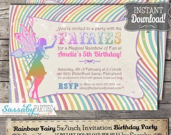 Rainbow Fairy Invitation - INSTANT DOWNLOAD - Editable & Printable Fairies Birthday Party Invite by Sassaby Parties
