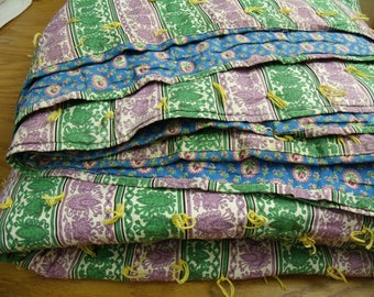 Vintage 1940s Quilted Blanket yarn tied 79" x 88" green purple stripe blue flowers double full size