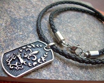 Fleur De Lis Necklace, Mens Jewelry, Mens Necklace, Braided Leather Necklace, Fleur De Lis Pendant,Stainless Steel, Groomsmen, Mens Gift