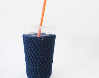 navy blue iced coffee cozy. Crochet coffee cozy. cup cozy. Cotton cup sleeve. Eco friendly cup jacket. Summer drink cozy blue cup sleeve.