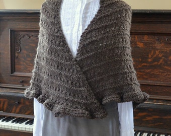 Hand Knit Brown Wool Shawl Ready to Ship