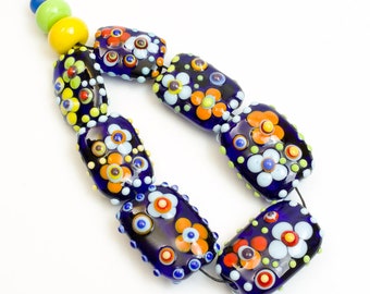 Lampwork Glass Bead Set Large Handmade Blue Kalera or Pillow Beads with Flower Decoration for Jewelry Jewellery Supplies SRA UK